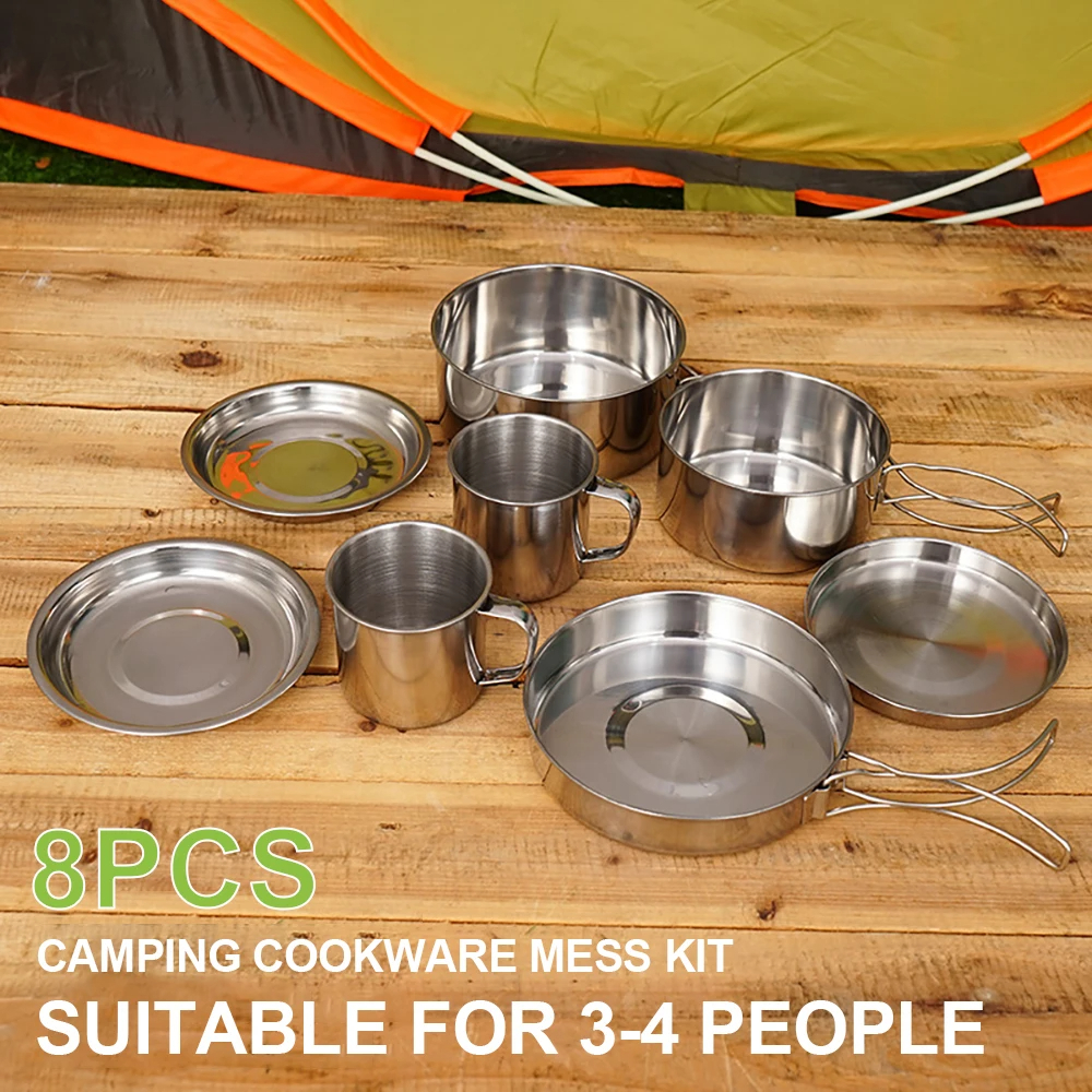 8pcs/Set Camping Cookware Mess - Camping Cooking Wok avaliação e preço